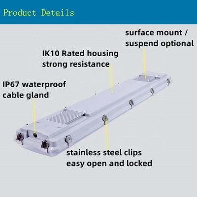 Επιφανειακό τοποθετημένο 4FT 0-10V DIM Led Triproof Batten Light Fixture IP67 Ατμοστεγές για αποθήκευση 5-